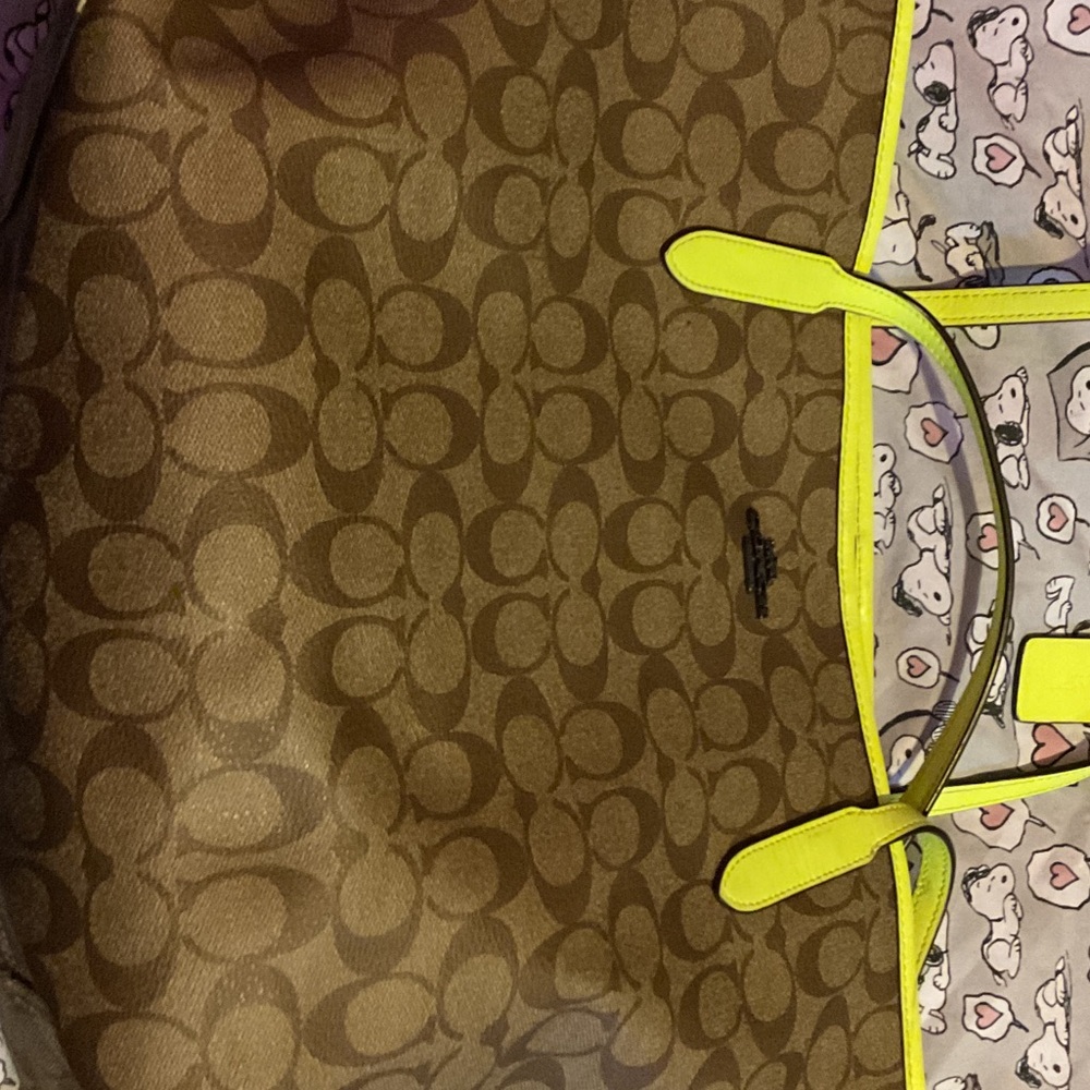 Coach Brown Signature Tote with Neon Yellow Trim